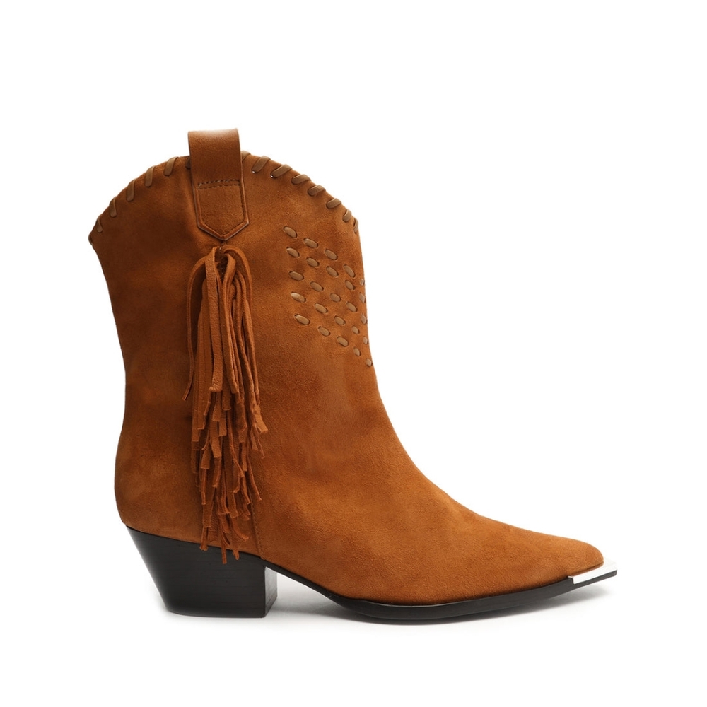 [Schutz] NWT Suede Fringe Booties with Metal Toe Detail